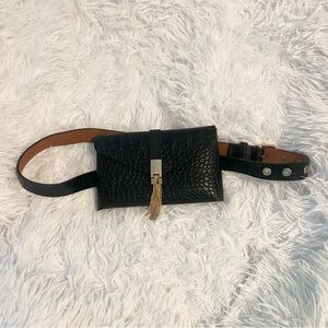 Black Croc-Embossed Belt Bag with Gold Accent tassel